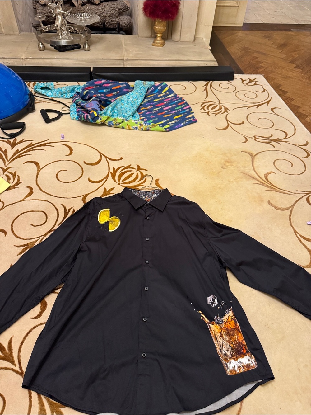 Robert Graham Black Button-Up Shirt with Yellow Patch and Whiskey Graphic